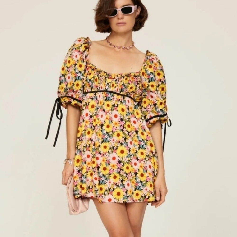 For Love And Lemons Sylvia Puff Sleeve Yellow Floral Mini SunDress NWT Size Sm.